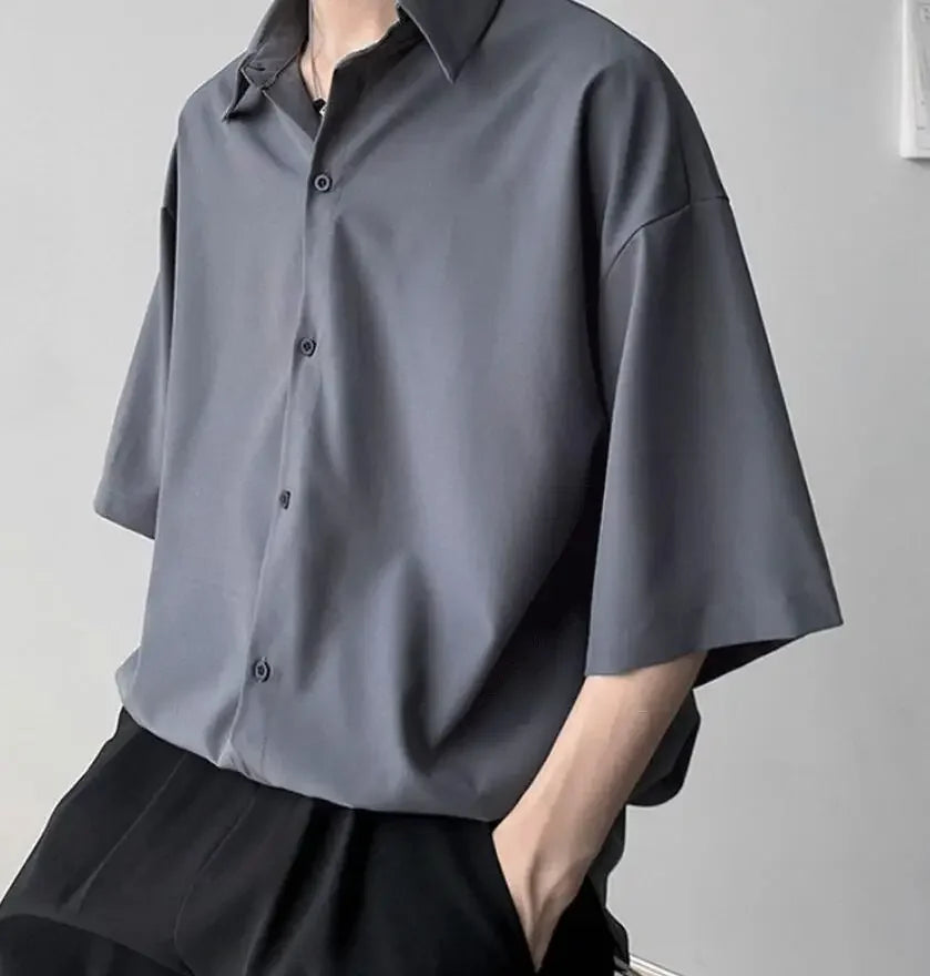 Clothes Short Sleeve Black Male Top Plain Men's Shirt And Blouse With Collar Korean Style Xxl Luxury Summer Original Silk Luxury