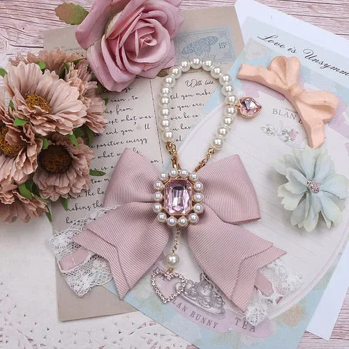 Japanese Sweet Cute Handmade Rhinestone Bow Hairpin Pearl Lace Hairclips Lolita Women Girls Side Clip Bag Pendant Handbag Charms