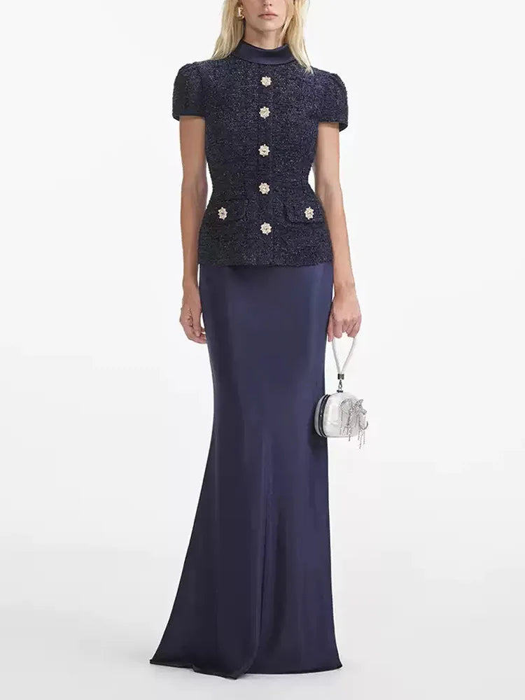 Maxi Formal Luxury Evening Dresses Women Summer Autumn Single Breasted Crystal Satin Tweed Long Dress Blue Party Dinner Vestidos