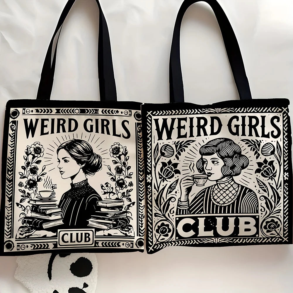 1pc Weird Girls Club Tote Bag Stylish Black & White Floral Design Daily Casual Use Shoulder Bag Christmas Gift for Best Friends