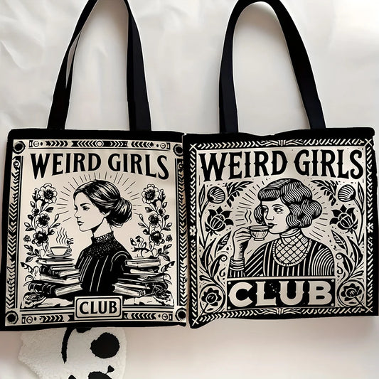 1pc Weird Girls Club Tote Bag Stylish Black & White Floral Design Daily Casual Use Shoulder Bag Christmas Gift for Best Friends