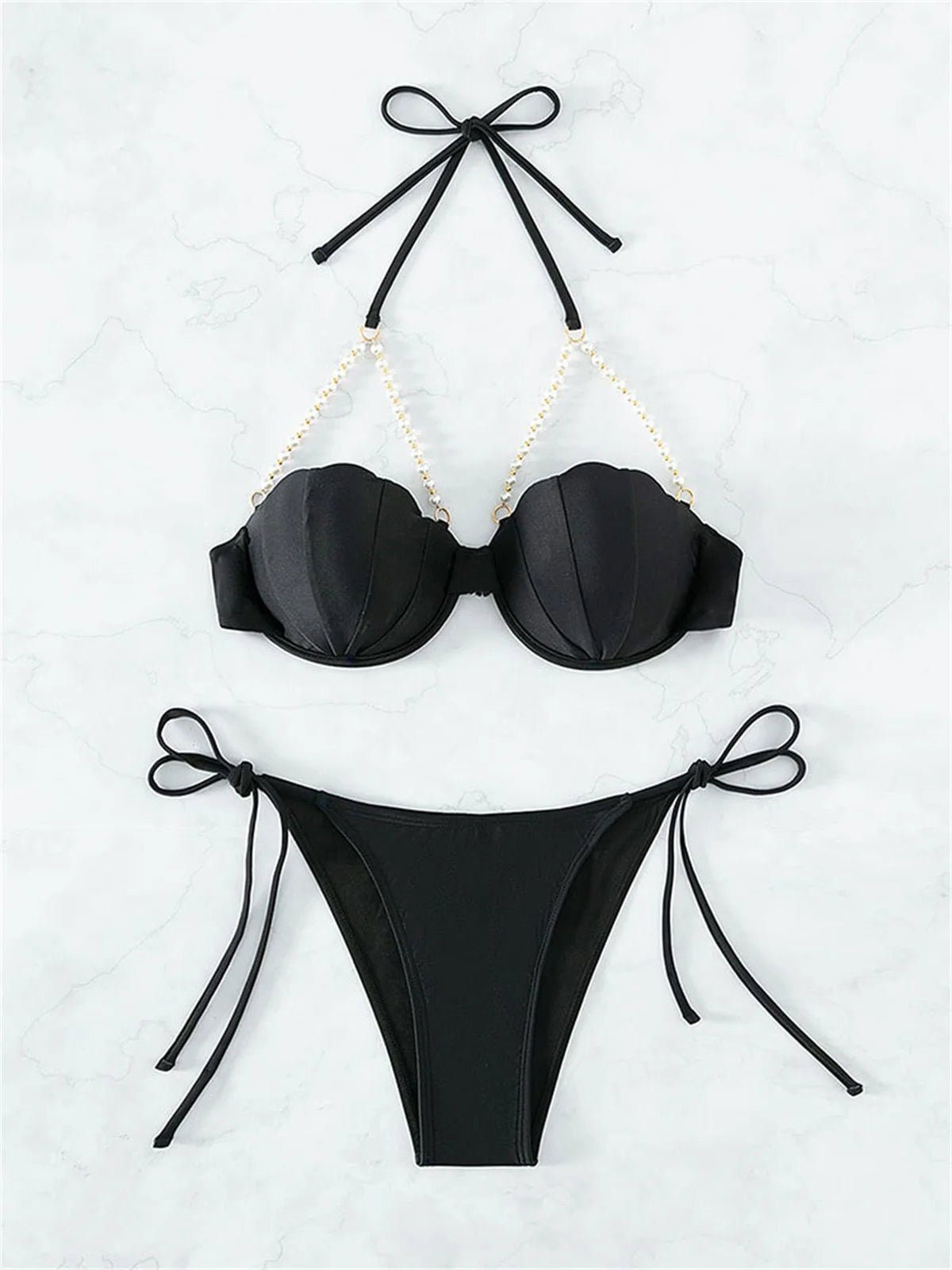 Sexy Shell Shape Underwire Bikini Tie Side Thong Bikinis Swimwear Women 2025 Black Pearls Strap Push Up Bathing Suit Swimsuit