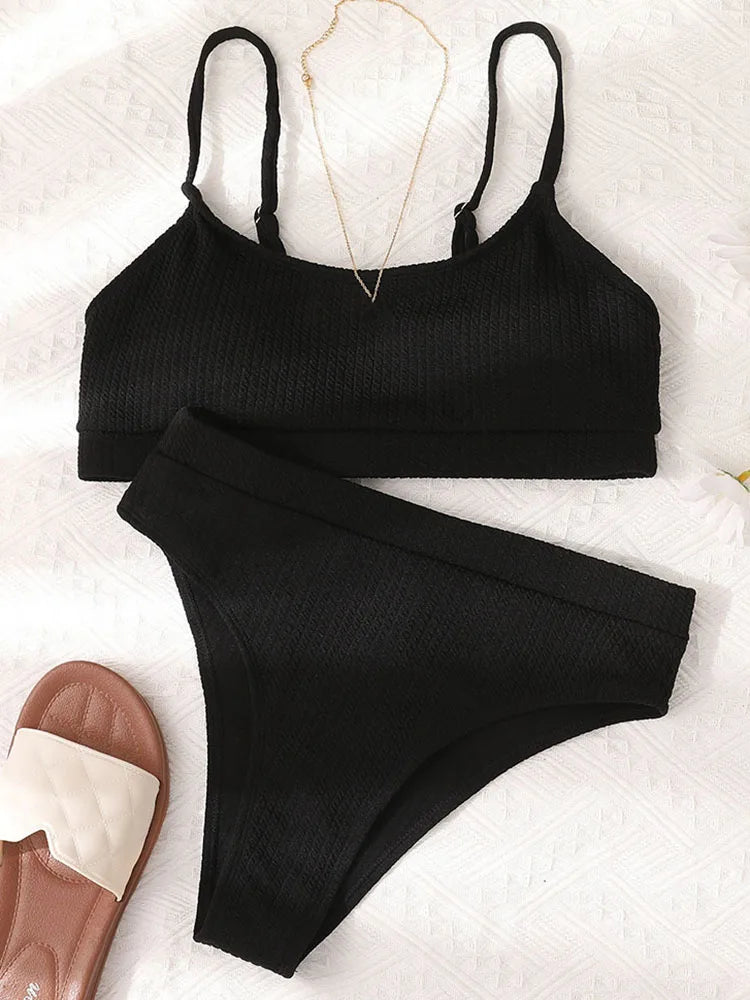 Sexy High Waist Bikinis Set Women Textured Swimsuit Woman 2025 Solid biquinis