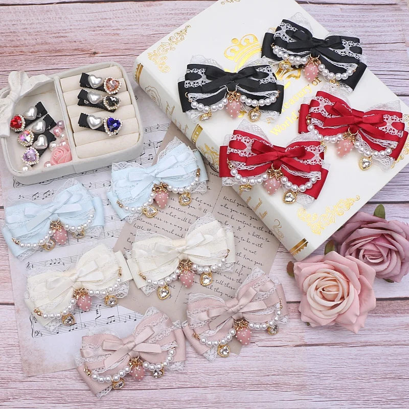 Larme Kei Lace Hair Clips Sweet Girl's Beaded Bow Heart Rhinestone Hair Bows Lolita Strawberry Hair Accessories Gift