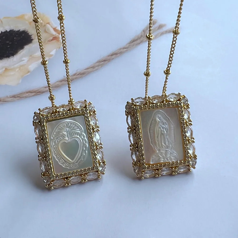 Natural Mother Pearl Shell Virgin Mary Guadalupe San Benito Charm Necklace Rectangle Religious Medals Necklace for Women & Gift
