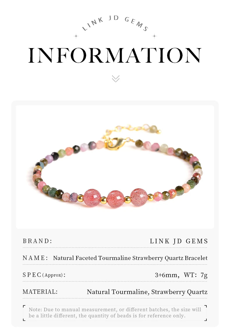 JD Natural Stone Faceted Rainbow Tourmaline Strawberry Quartz Bracelet Women Luxury Thin Adjustable Reiki Healing String Jewelry