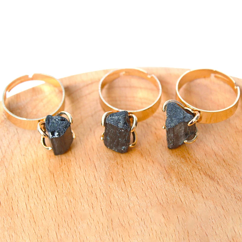 Raw Black Tourmaline Ring Resizable Golden Irregular Genuine Rough Stone Handmade Finger Jewelry for Women