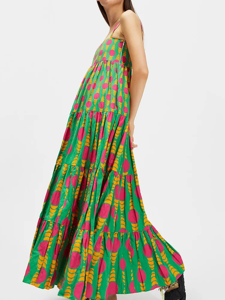 Square Collar Backless Patchwork Maxi Dress, Women Summer Sleeveless Print Party Dress, 2024 Casual Elegant Ladies Dress Vestido