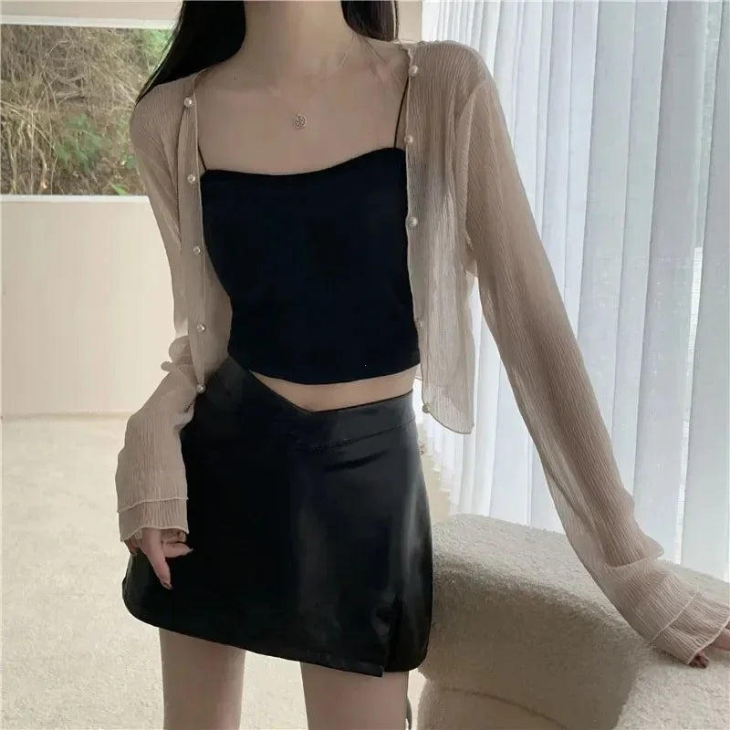 Y2k  White Sun-proof Summer Transparent Short Shirts Female Casual Fashion Thin Shirt Woman Long Sleeve Sun Protection Clothing