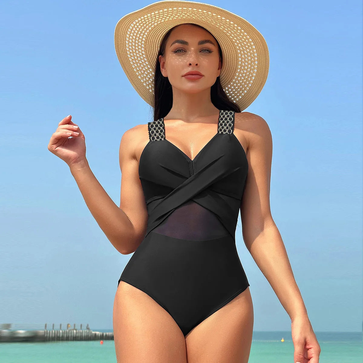 Sexy One Piece Swimsuit Women's Pure Color Mesh Bikini Swimsuit Summer New
