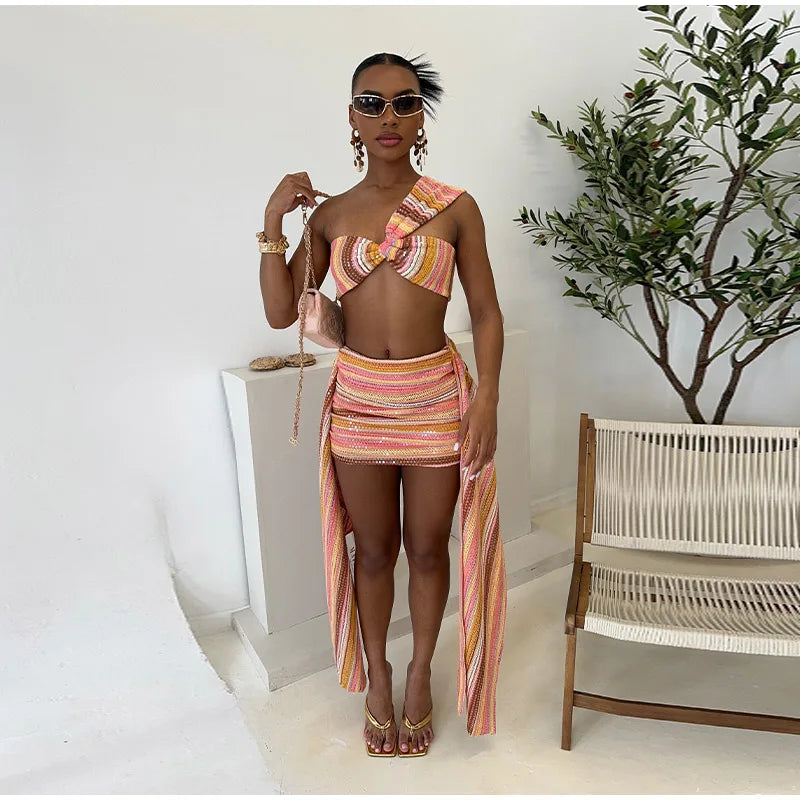 Knit Sequin Sexy One Shoulder Skirt Women Set colorful Crop Top Draped Mini Skirts Slim Bodycon 2 Pieces Sets Lady beachwear