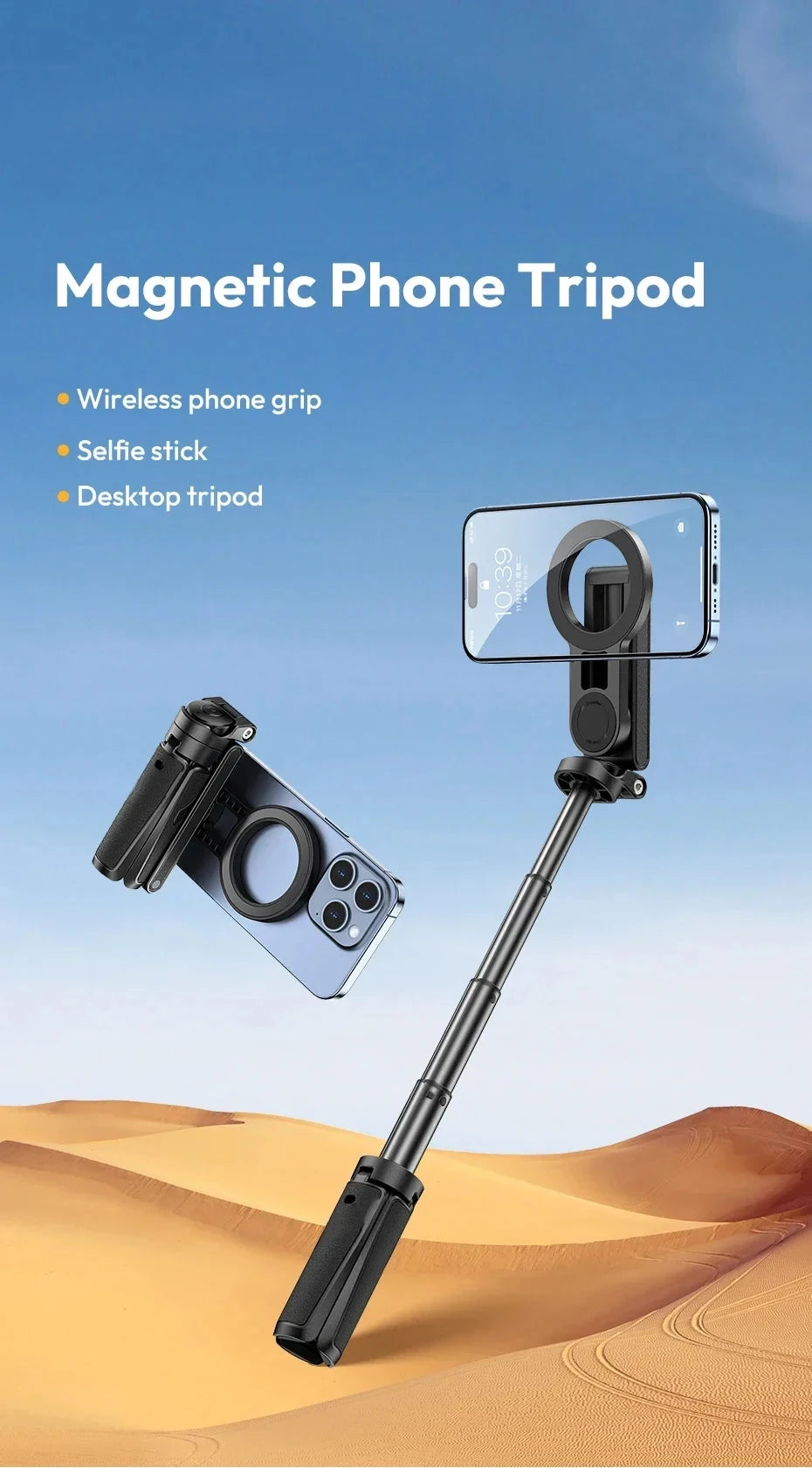 Magnetic Phone Tripod Wireless Phone Grip Selfie Stick Desktop Tripod for iPhone 16 15 14 13 12 Pro Max For Samsung phone holder
