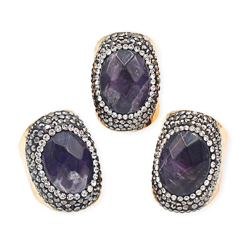 Micro Inlay Faceted Stone Amethyst Open Ring for Women Girls Boho Adjustable Men Female Wedding Party Jewelry