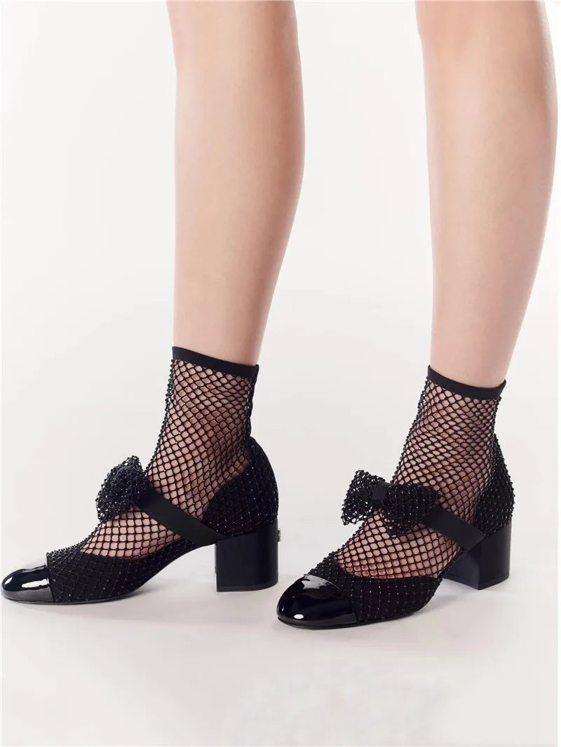 Rhinestone Mesh Upper Bow Mary Janes Shoes Block High Heels Splicing Elastic Slip-on Designer Women's  Elegance Party Footweant
