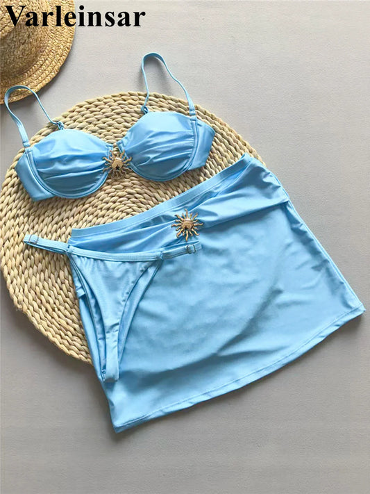 New With Skirt Mini Thong Underwire Bikini Women Swimwear Female Swimsuit Three-pieces Bikini set Bather Bathing Suit Swim V6316