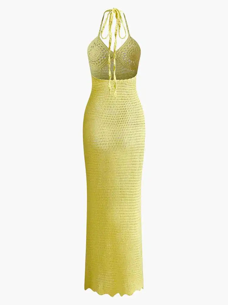 2024 Solid Colour Sexy Knit Cut Out Holiday Swimsuit Cover Up Women's Summer V-Neck Spaghetti Strap Bodycon Beach Maxi Dress K32