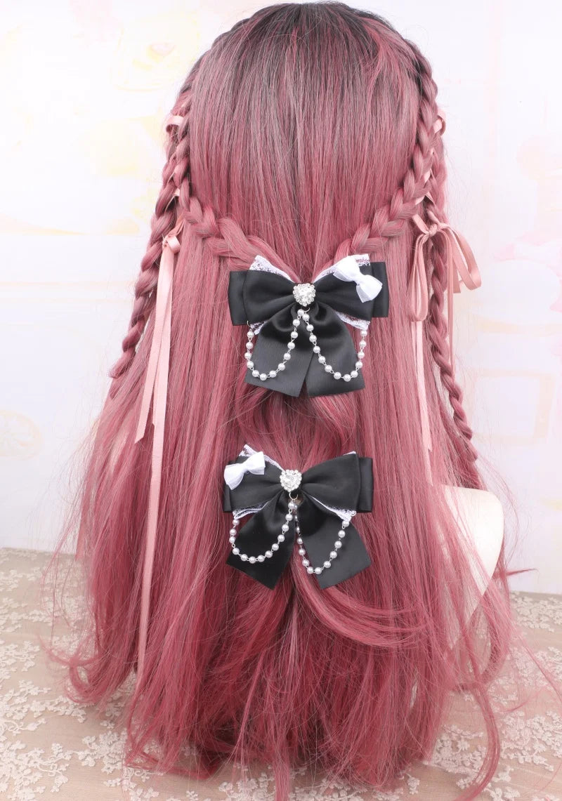 1 Pair Jirai Kei Bow Hair Accessories Women's Hairclips Sweet Y2K Lolita Bow Chic Chains Decor Women's Barrettes Hair Pin
