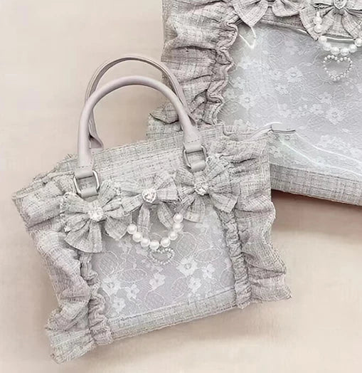 Japanese Style Mine Ita Bag Ruffled Lace Women Girls Rhienstone Pearl Bowknot Square Tote Shoulder Portable Bolso Handbags