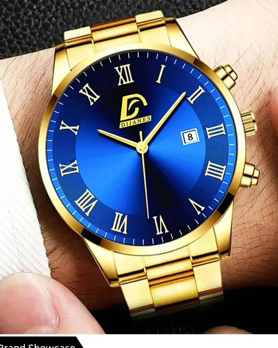 1Pcs Men's Casual Business Stainless Steel Band Quartz Watch 2PCS Luxury Alloy Bracelet Necklace Birthday Christmas Gift Set