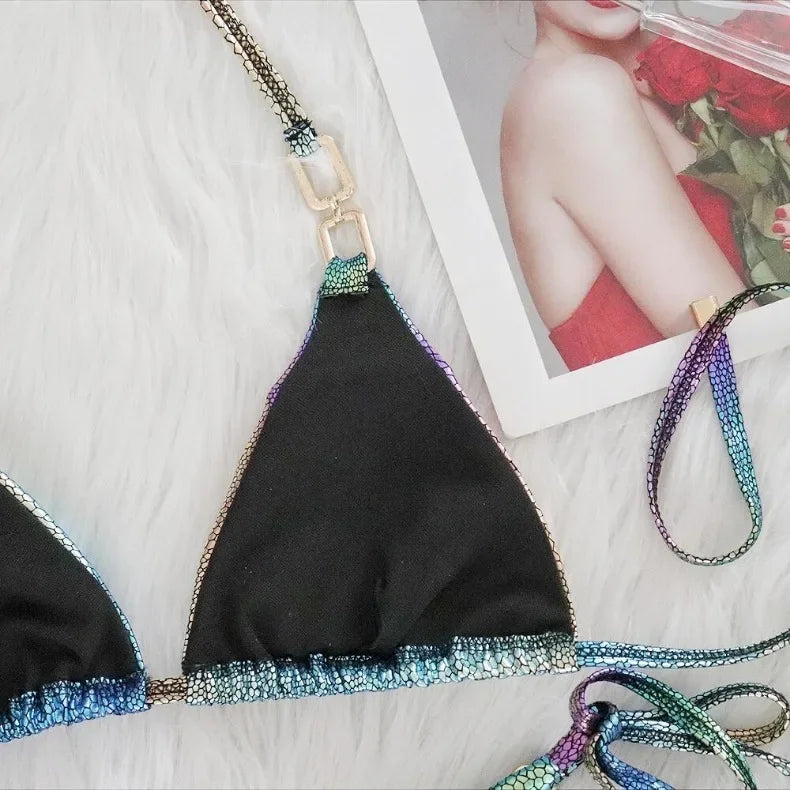 Sexy Bikini Women Swimwear Swimsuit Colorful Shiny Gradient Snakeskin Print Rhinestones Beach Bikinis Set Bathing Suit 2024 New