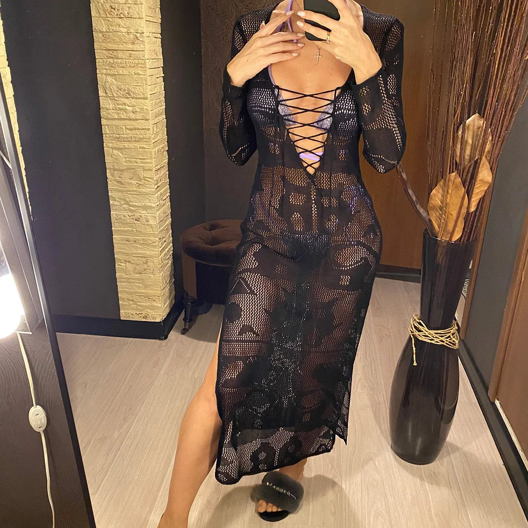 Deep V Dress Lace Up Long Sleeve Women Split Maxi Dress Crochet Knitted Tunic Mesh Sheer Sexy Bodycon Long Dress Vestido V4146B