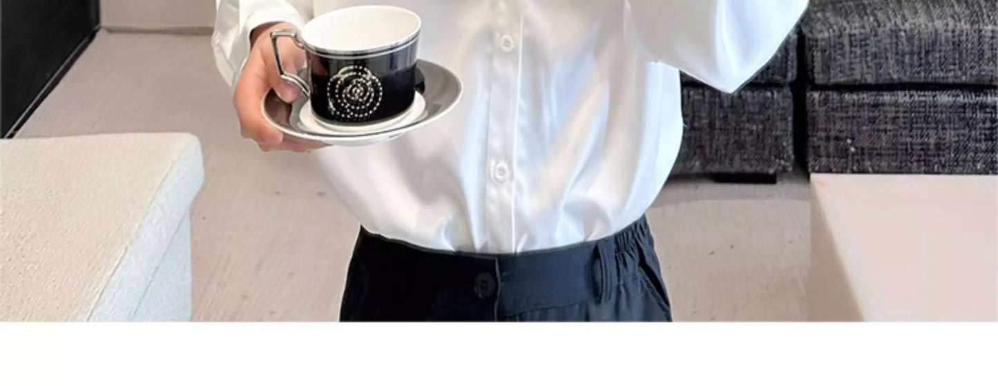 IEFB Korean Fashion Men's Shirt Bow Tie Design Loose Simple Fresh Long Sleeve Casual 2024 Spring Solid Color Male Tops 9C5081