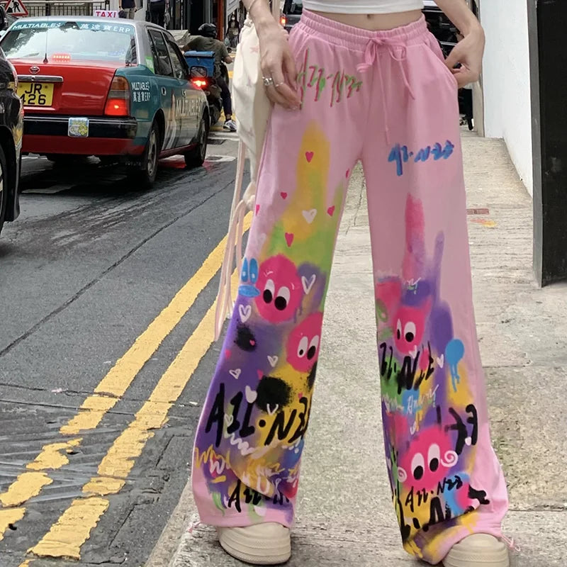 Kawaii Cute Dopamine Graffiti Casual Pants Women Tie Dye Summer Elastic High Waiste Drawstring Pockets Loose Wide Leg Trousers