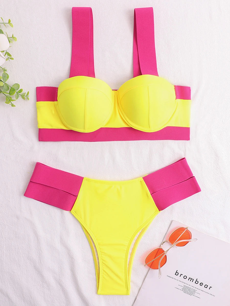 Solid Bandage Bikini Women Push Up Swimsuit Sexy Swimwear Female Brazilian Bathing Swimming Suit Bather Splicing Color Beachwear