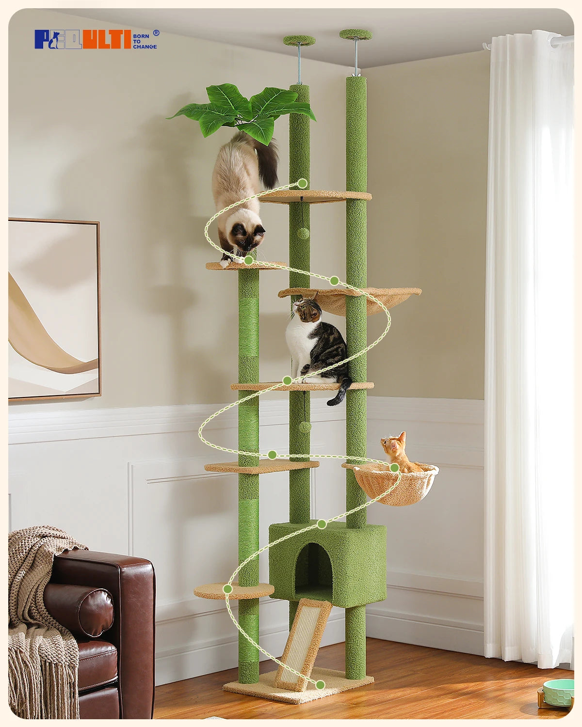 Cactus Cat Tree Floor to Ceiling Cat Tower Adjustable Height with Cat Condo Cozy Hammock and Scratching Post Tall Activity Tree