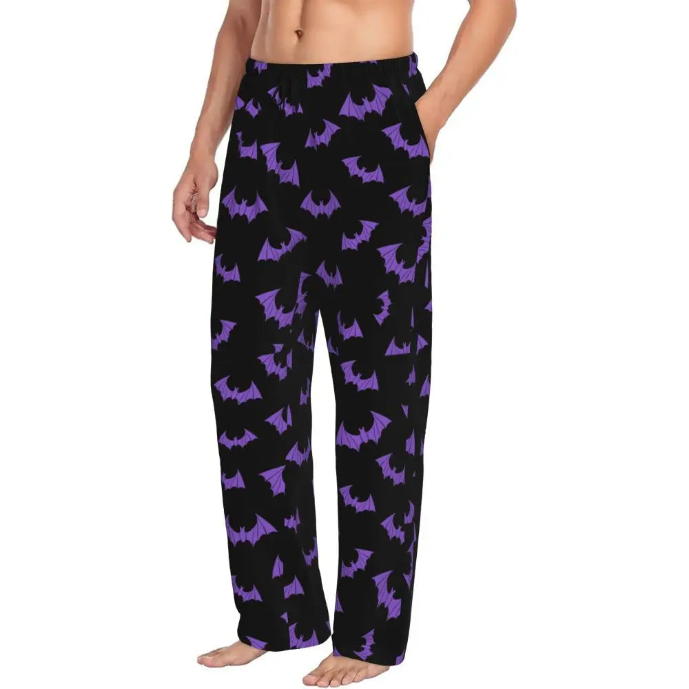 Custom Cute Spooky Halloween Bats Black And Purple Pajama Pants for Men Lounge Sleep Drawstring Sleepwear Bottoms with Pockets