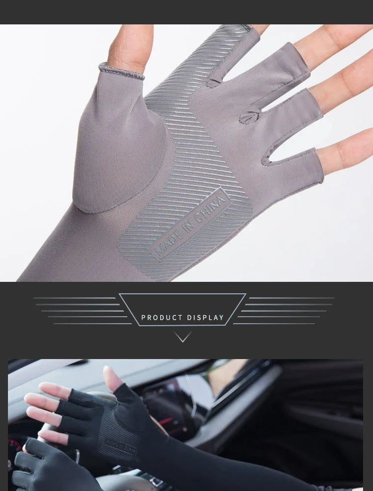 Ice Silk Sleeves Women Summer Sun Protection Men Fishing Cycling Breathable Two-Finger Non-Slip Gloves Arm Warmer Driving Sleeve