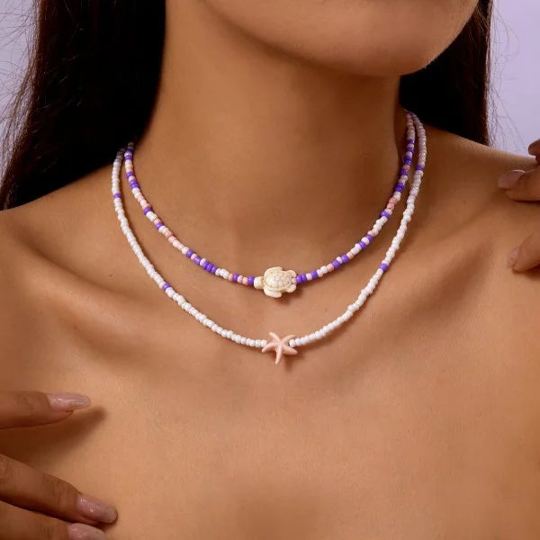 Multi-layer Bohemian Rice Beads Sea Star Turtle Pendant Necklace For Women Girls Holiday Gift Fashion Jewelry