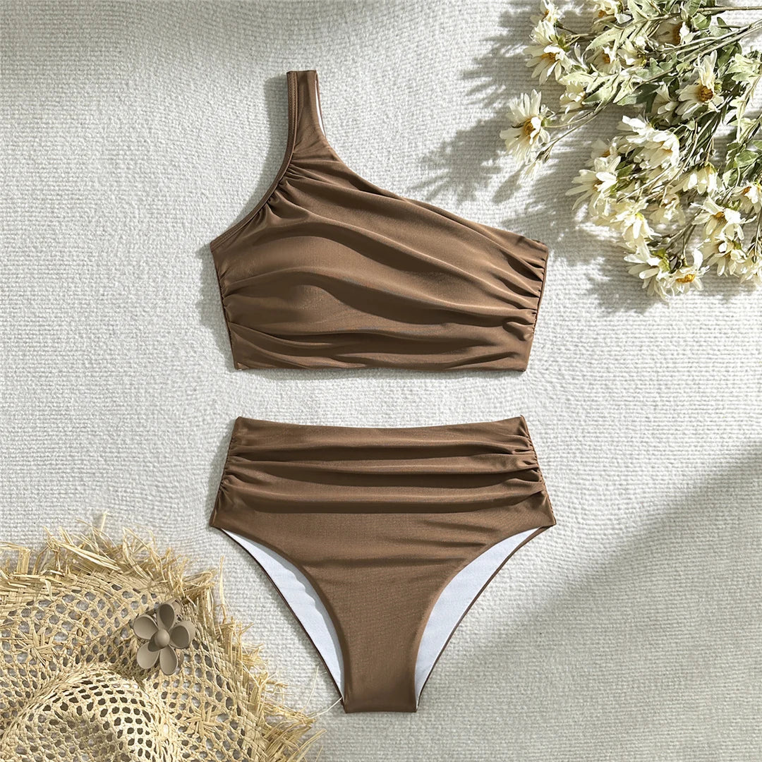 New Wrinkled One Shoulder High Waist Bikini Female Swimsuit Women Swimwear Two-pieces Bikini set Bather Bathing Suit Swim V5857