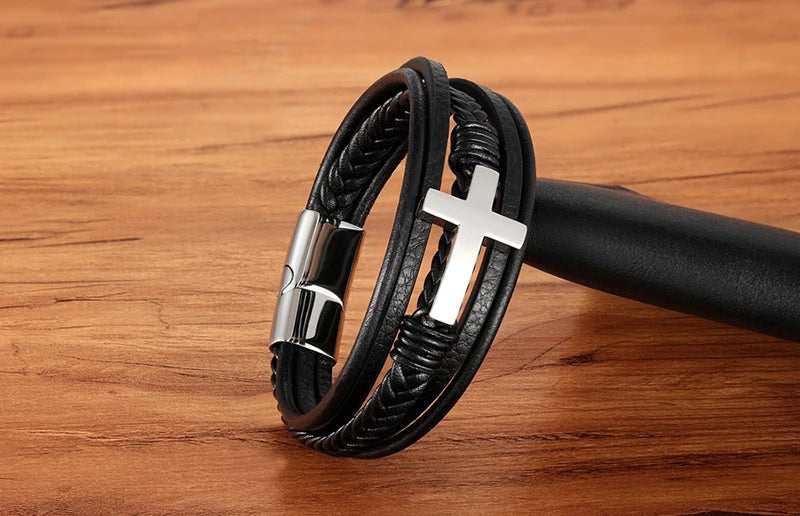 Men's Cross Bracelets Luxury Design Stainless Steel Bangles Classic Leather Bracelet Men Accessories Wrist Band Male Gift