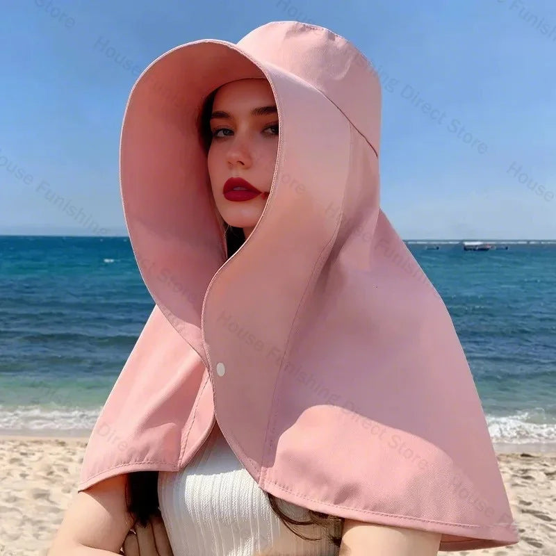 Summer Women Cap Outdoor Uv Anti Neck Protection Sun Visors Hat Fishing Hiking Big Brim Shawl Sunscreen Ponytail Cap Solid Color