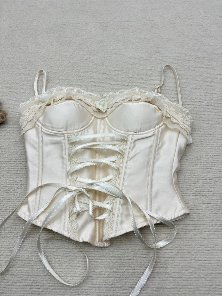 French Elegant Sexy 2 Piece Sets Womens Outifits Y2k Strapless Lace Design Tops+ High Waist Chic Skirt Female Korean Fashion New