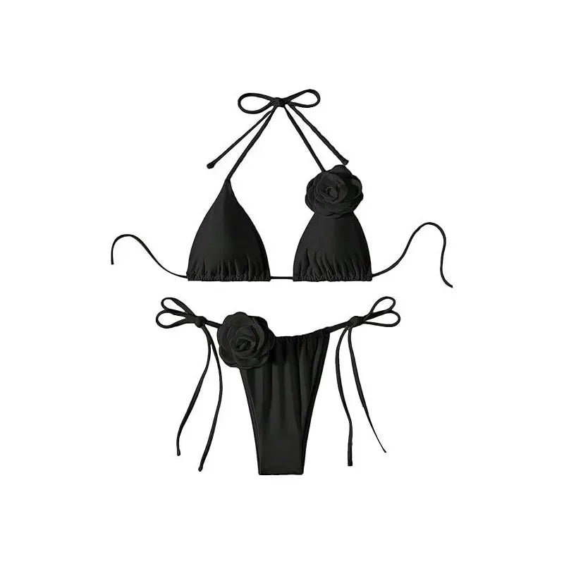 Sexy 3D Flower Black Triangle Bikinis Sets Micro Thong Swimsuit Women String Halter Bathing Suit Bikini 2025 Mujer Biquinis Swim