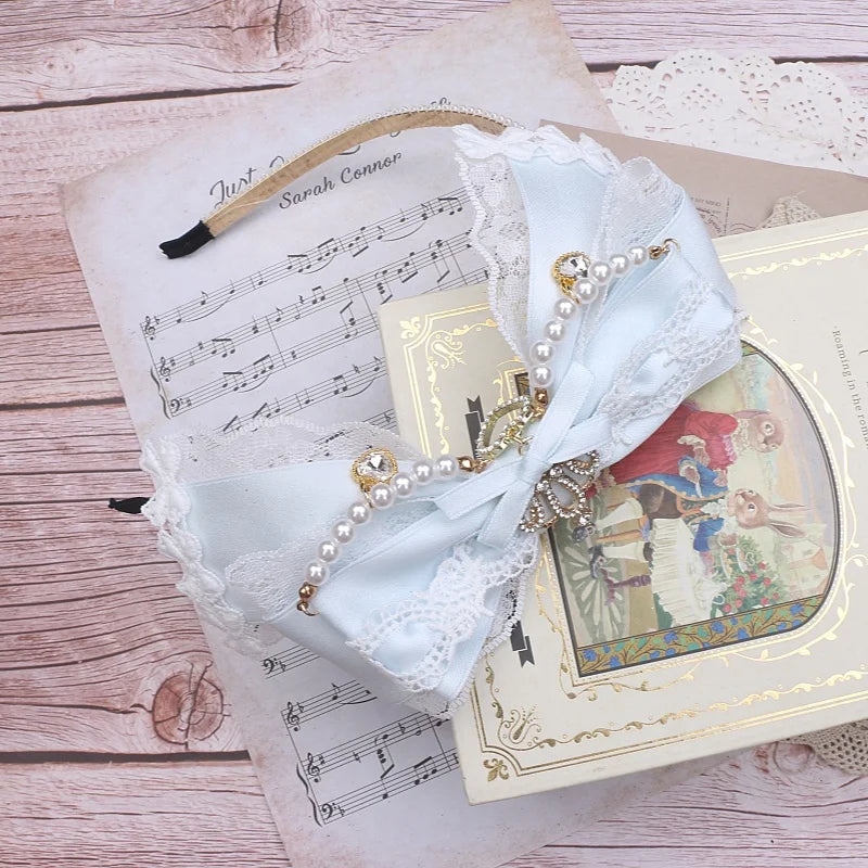 Japanese Luxury Lolita Hairband Headdress Handmade Big Bow Lace Crown Rhinestone Beaded Hair Accessories Hair Hoop for Women