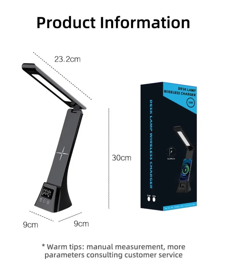 Multifunction LED Desk Lamp with Wireless Charger Digital Clock  Alarm USB 3 Colors Dimmable Study Light for Office Bedroom