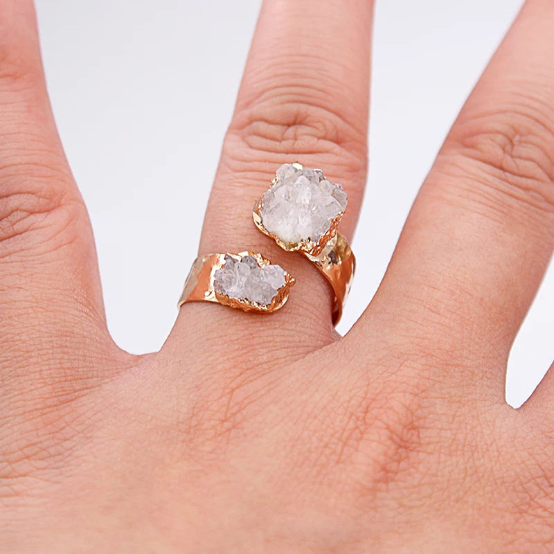 Irregular Raw Crystal Quartz Open Ring for Women Girls Gold-color Boho Natural Stone Finger Jewelry Resizable
