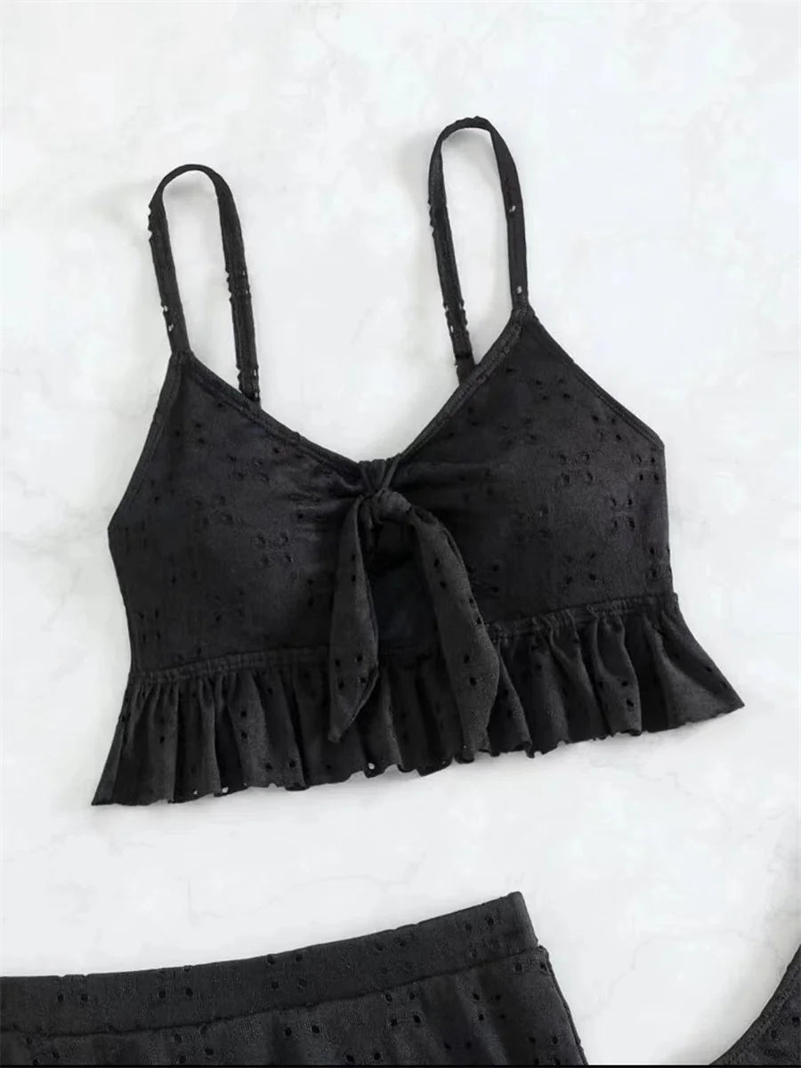 Sexy White 3 Piece Bikinis Set 2025 Women Halter Cut Out Tie Up Ruffles Push Up Skirt Swimsuit Bathing Suit High Waist Swimwear