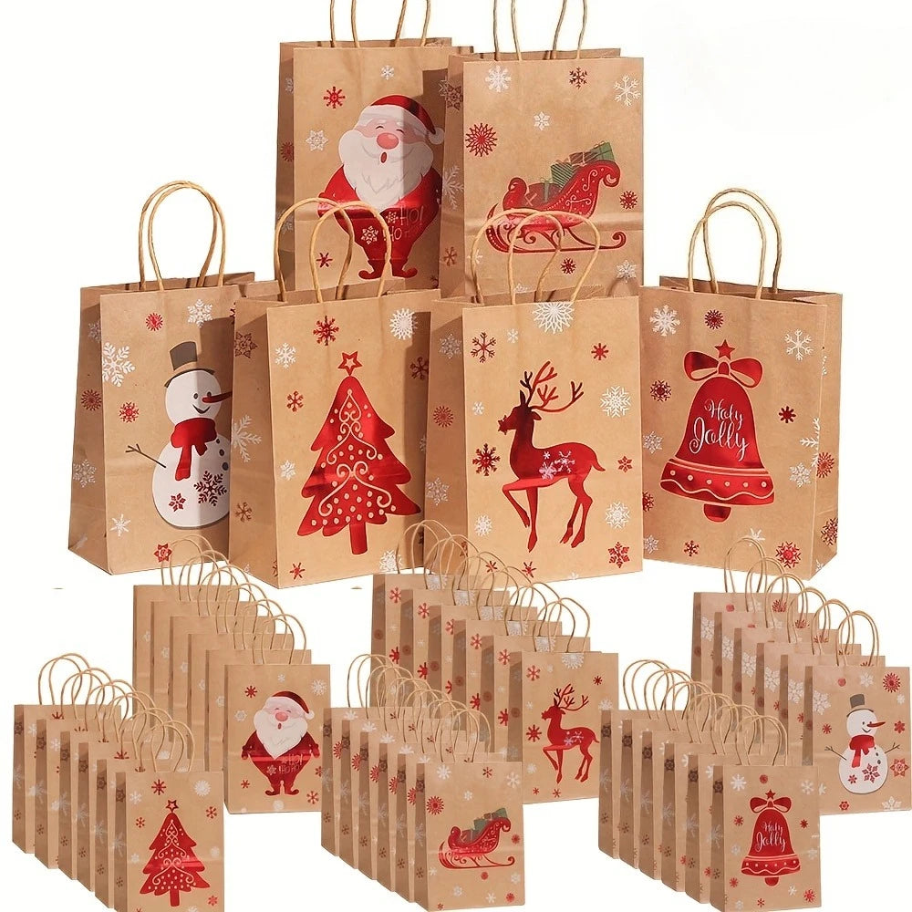 Festive Christmas Gift Bags - 20.5cm x 14.99cm x 7.98cm Brown Kraft Paper Tote Bags with Holiday Designs Christmas paper bag