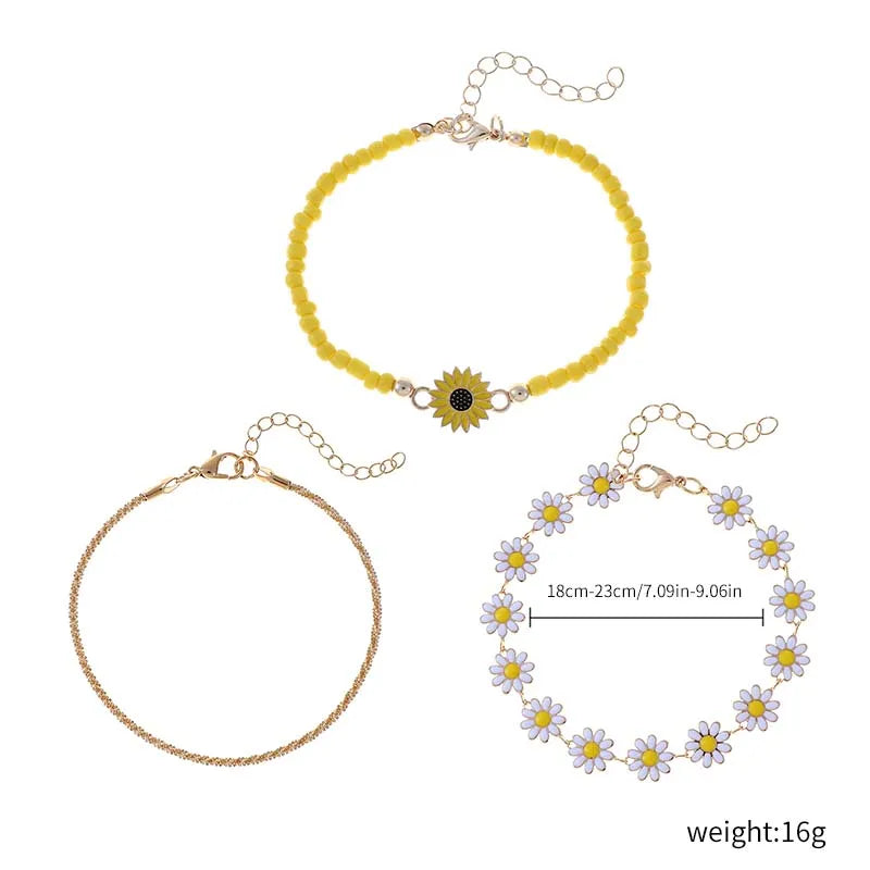 3pcs Cute Daisy Flower Pendant Bracelet Anklet Set for Women Bohemian Beaded Enamel Sunflower Stackable Hand String Jewelry