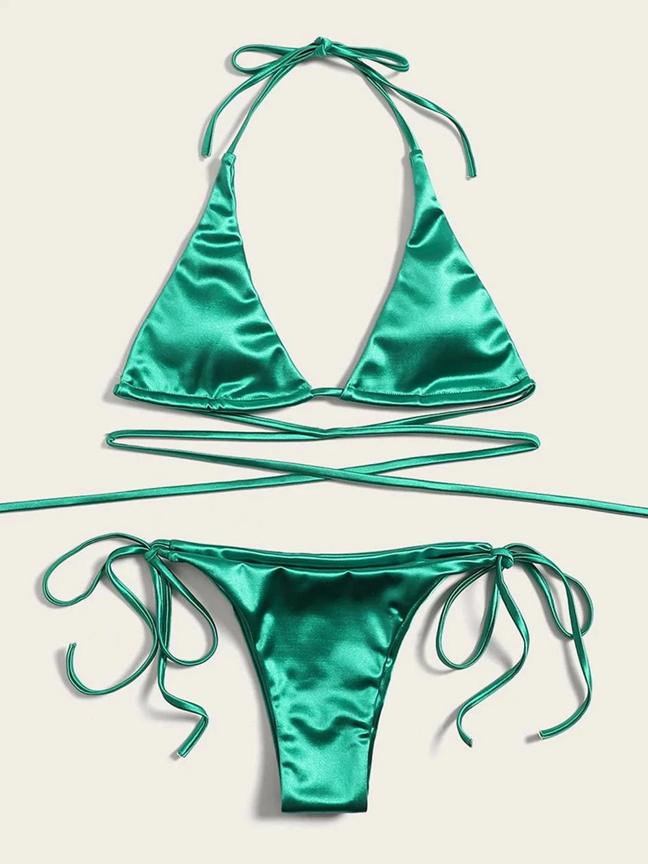 Metallic Halter Triangle Bikini 2023 Swimsuit Women Swimwear Female Bathing Suits Brazilian Thong Micro Bikinis Set Beach Wear