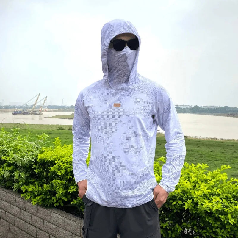 Sun Protection T-Shirts Men Fishing Hooded Outdoor Lightweight Mask Pullover Quick Drying Breathable Anti-UV Cool Sunscreen Tee