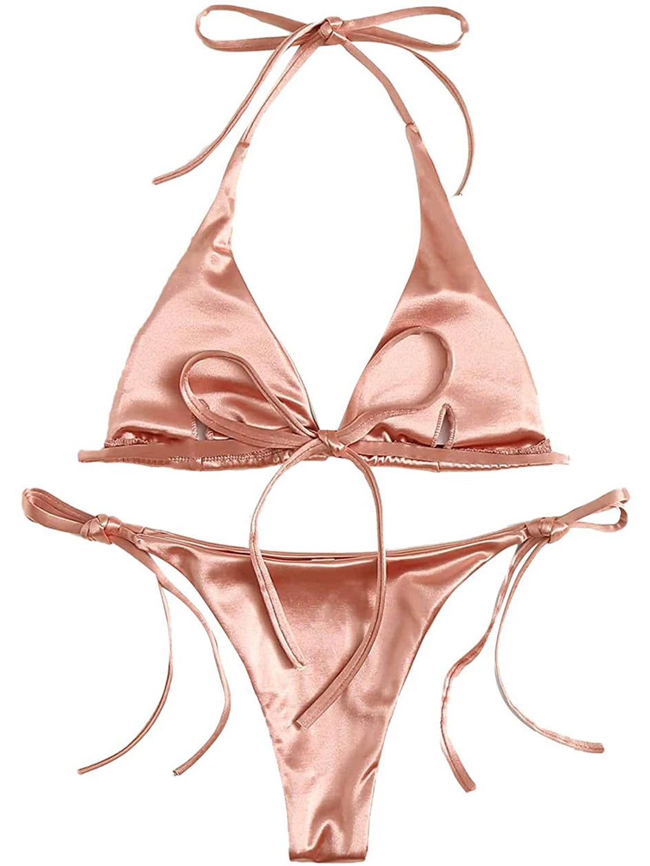 Metallic Halter Triangle Bikini 2023 Swimsuit Women Swimwear Female Bathing Suits Brazilian Thong Micro Bikinis Set Beach Wear