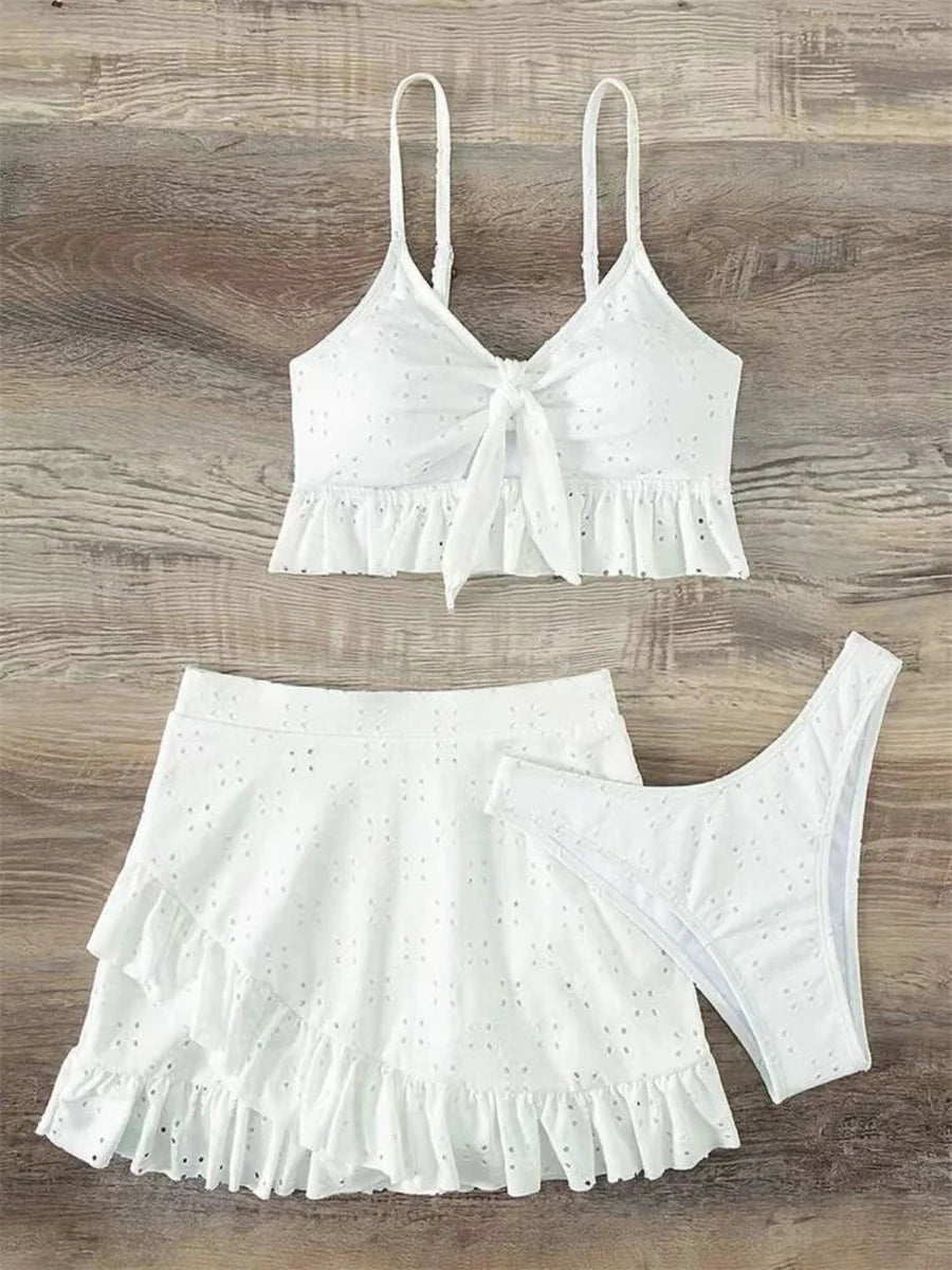 Sexy White 3 Piece Bikinis Set 2025 Women Halter Cut Out Tie Up Ruffles Push Up Skirt Swimsuit Bathing Suit High Waist Swimwear