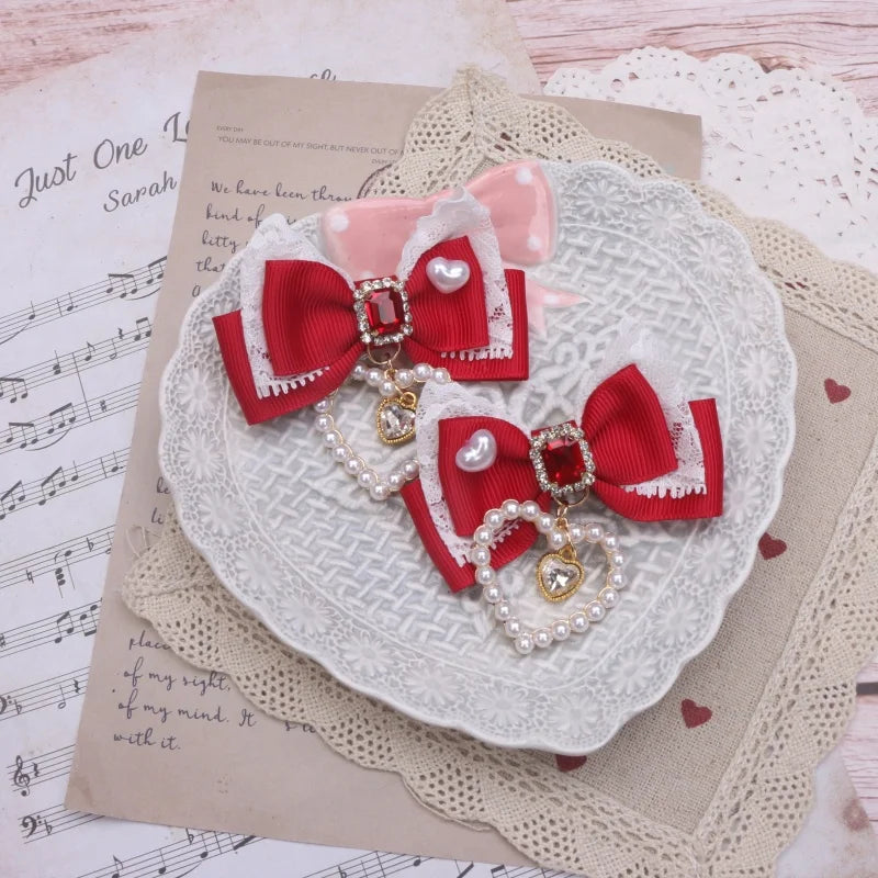 1 Pair Female Hair Clips Pearl Heart Side Clip Sweet Girl's Hairclips Lolita Hairpin Headdress Jiraikei Accessories