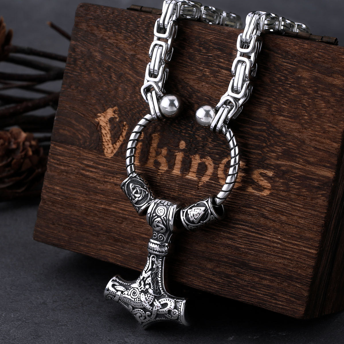 Stainless Steel Viking Thor's Hammer Set Men's Retro Creative Pendant Necklace Party Gift Jewelry