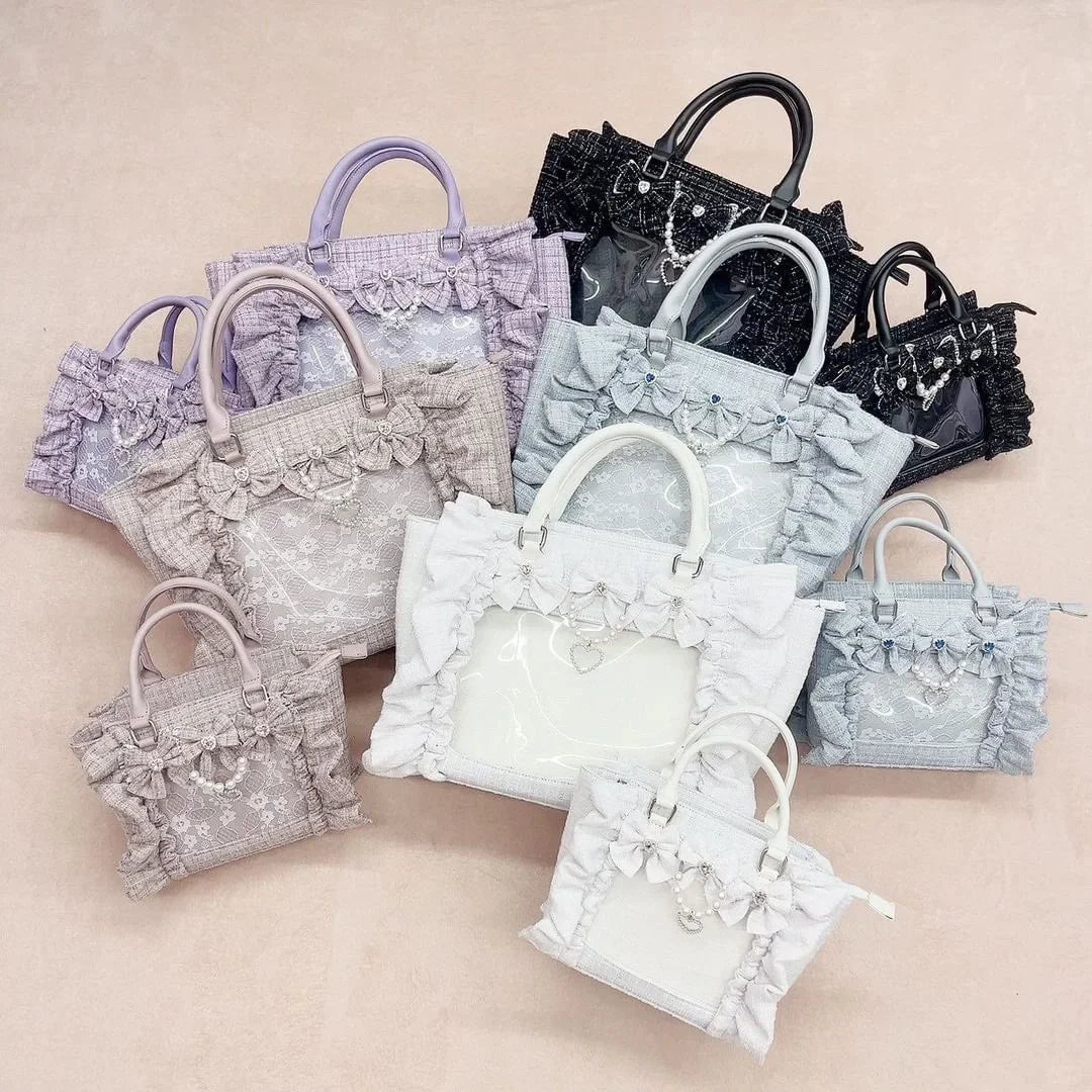 Japanese Style Mine Ita Bag Ruffled Lace Women Girls Rhienstone Pearl Bowknot Square Tote Shoulder Portable Bolso Handbags